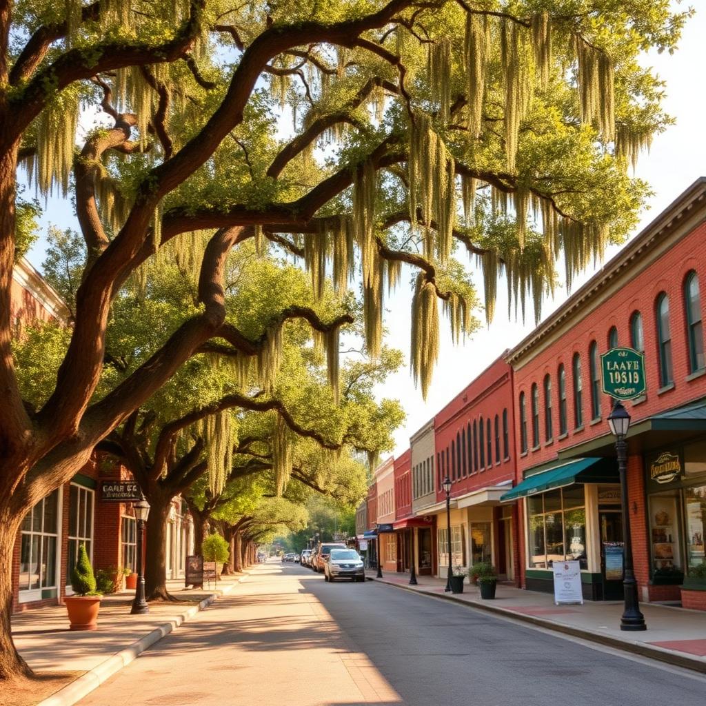 Historic downtown Jesup, Georgia with oak trees and Spanish moss