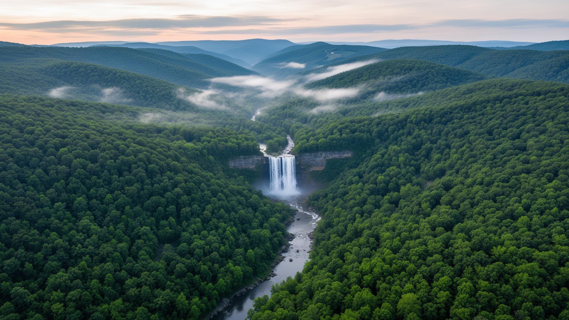 Stunning aerial view of Cumberland Falls and Appalachian Mountains in Whitley County, Kentucky