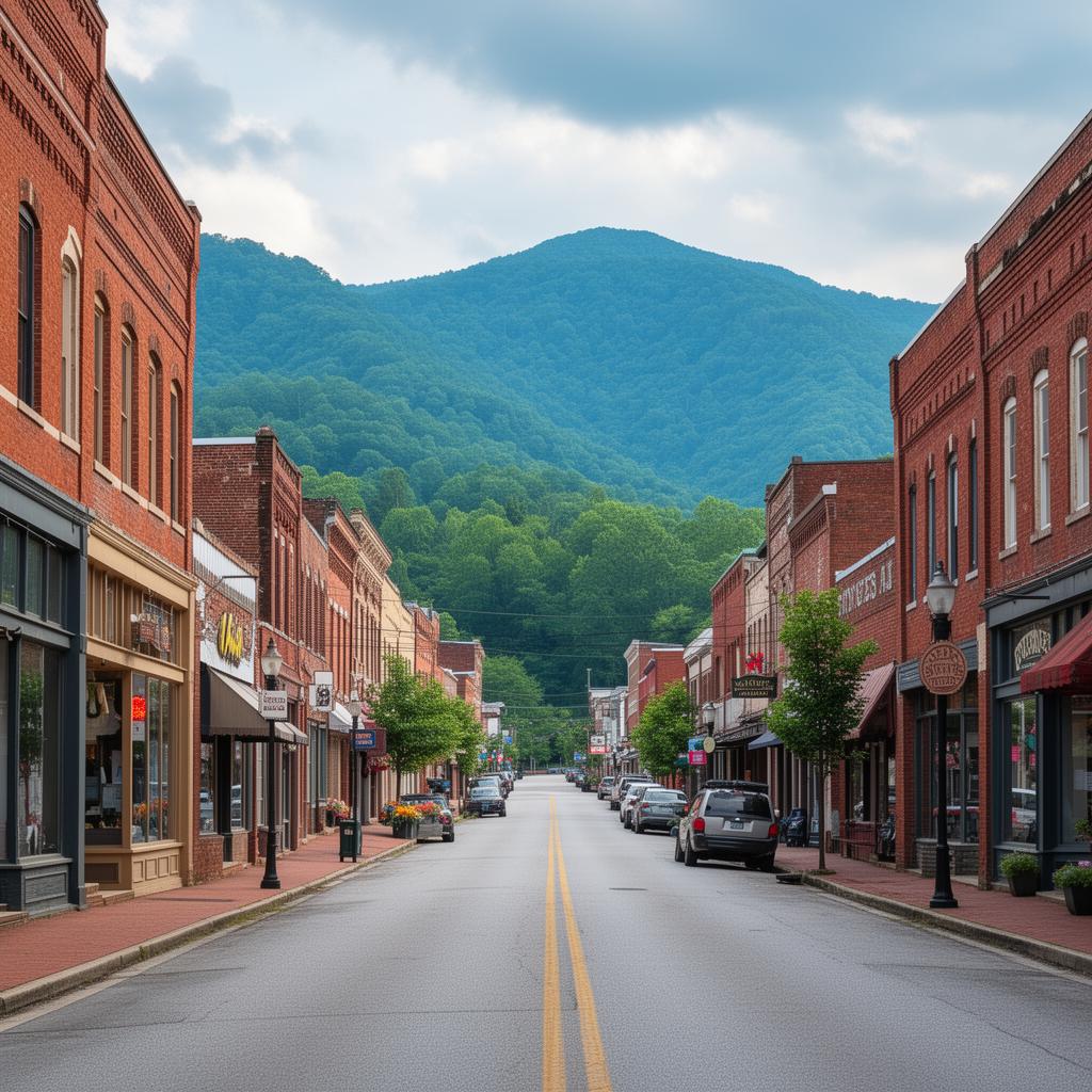 Historic downtown Big Stone Gap Virginia with Appalachian mountain backdrop