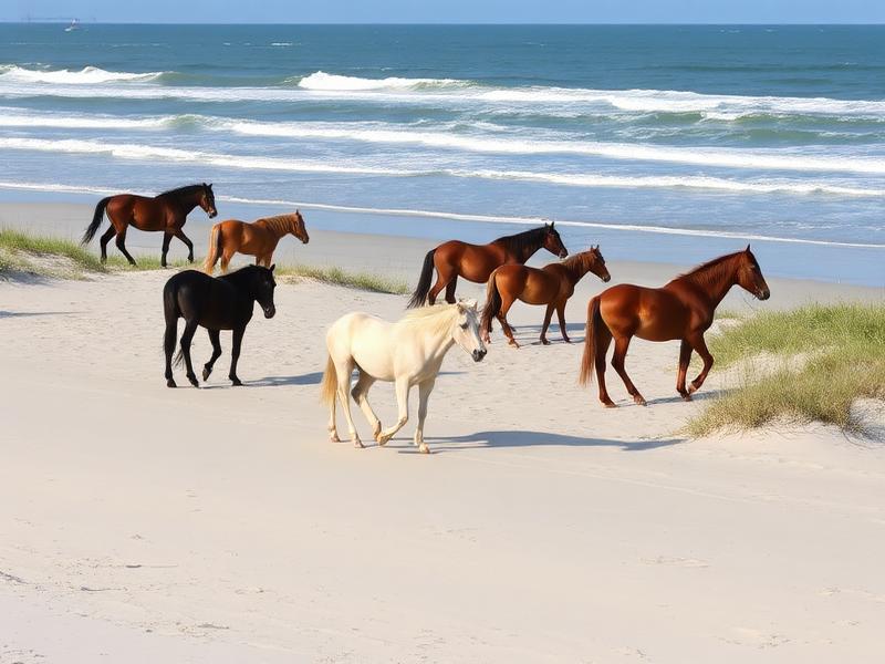 Wild horses on Assateague Island beach in Worcester County Maryland
