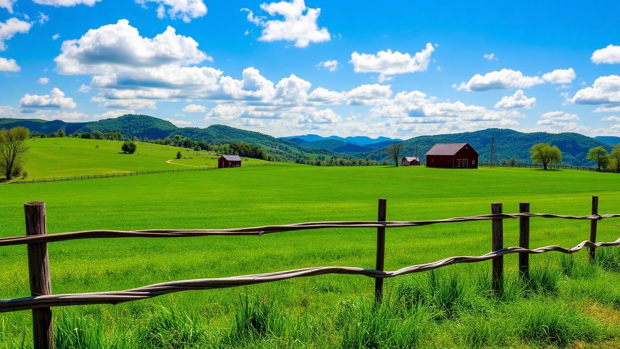 Rolling green farmland with split-rail fence and red barn in the West Virginia Appalachian mountains