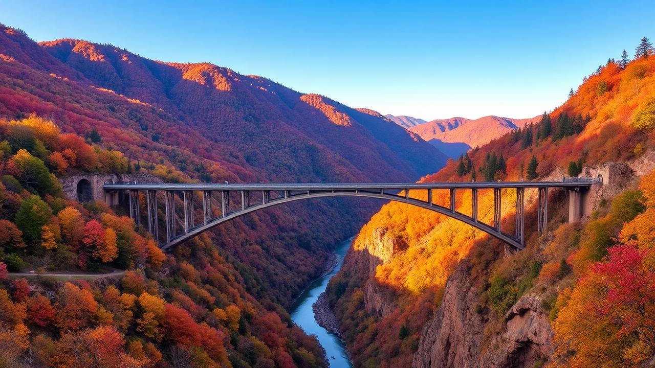 New River Gorge bridge spanning autumn-colored Appalachian mountain valley in West Virginia