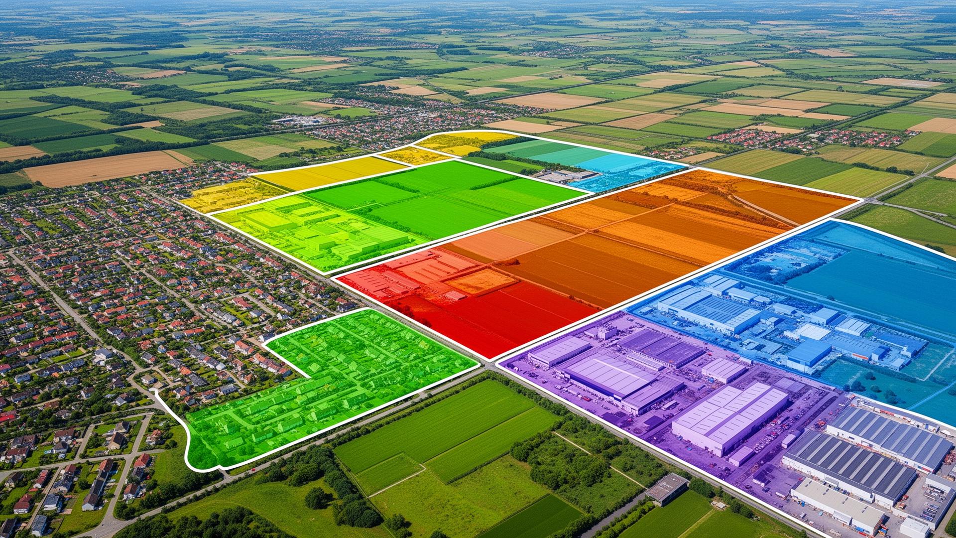 Aerial view showing different zoning classifications represented by distinct colored areas