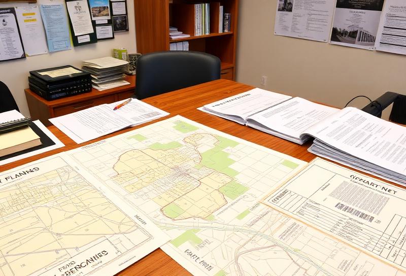 County planning office with zoning maps and land use documents