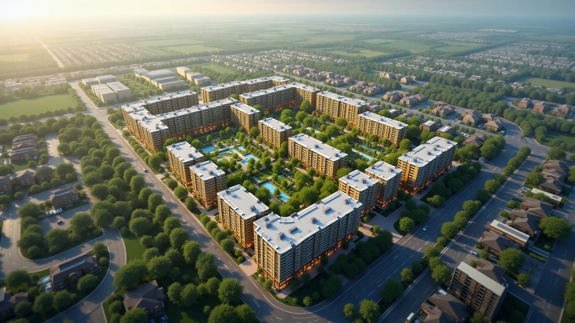 Aerial view of mixed-use development showing zoning potential